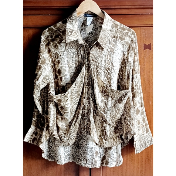 Epique Moi Women's Brown/Tan Runched Snake Print Button Front Blouse - Picture 2 of 16